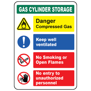 Gas cylinder storage safety sign with no smoking, oxidizer, ventilation, and restricted access symbols