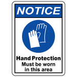 Hand protection must be worn sign with mandatory gloves symbol for workplace PPE compliance