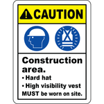 Construction hard hat vest required caution sign