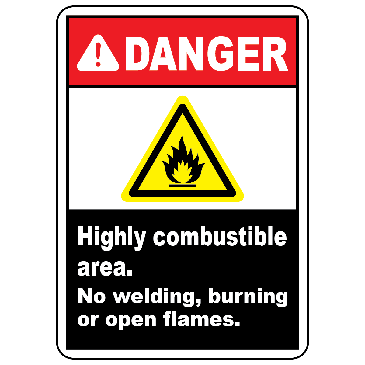 Danger highly combustible area label no welding burning or open flames