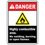 Danger highly combustible area label no welding burning or open flames