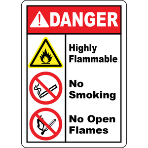 Danger highly flammable no smoking no open flames sign