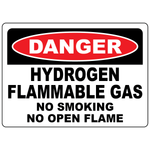 Hydrogen flammable gas safety sign warning against smoking and open flames in gas areas