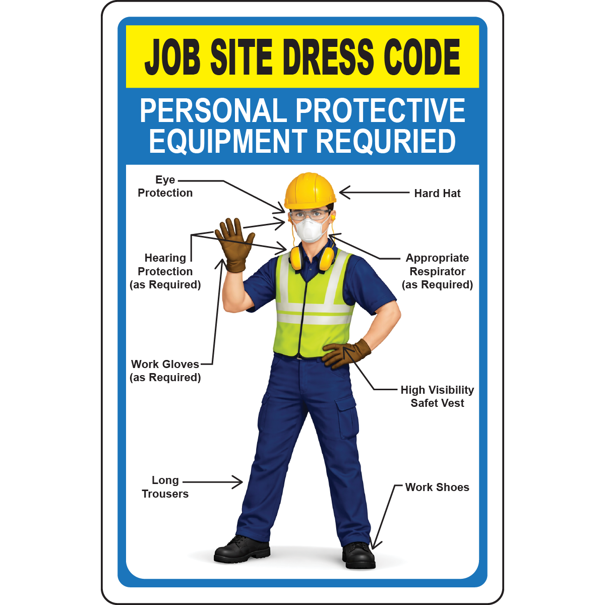 Job site dress code PPE required sign with personal protective equipment graphics