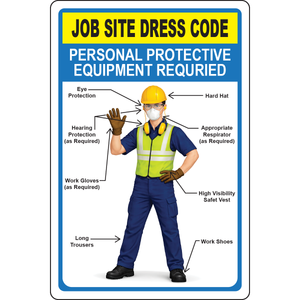 Job site dress code PPE required sign with personal protective equipment graphics
