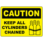 Caution keep all cylinders chained polyester safety label with cylinder symbol