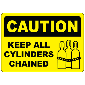 Caution keep all cylinders chained polyester safety label with cylinder symbol