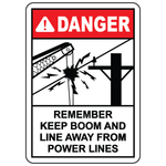 Danger keep boom away from power lines electrical safety sign