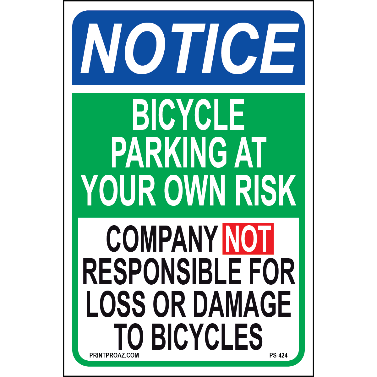 Bicycle Parking at Your Own Risk Sign, Aluminum, PS-424