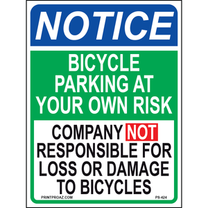 Bicycle Parking at Your Own Risk Sign, Aluminum, PS-424