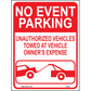 No Parking Unauthorized Vehicles Towed at Vehicle Owner's Expense, Aluminum, PS-084