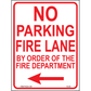 No Parking Fire Lane By Order of the Fire Department(Arrow Left), Aluminum, PS-050