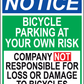 Bicycle Parking at Your Own Risk Sign, Aluminum, PS-424