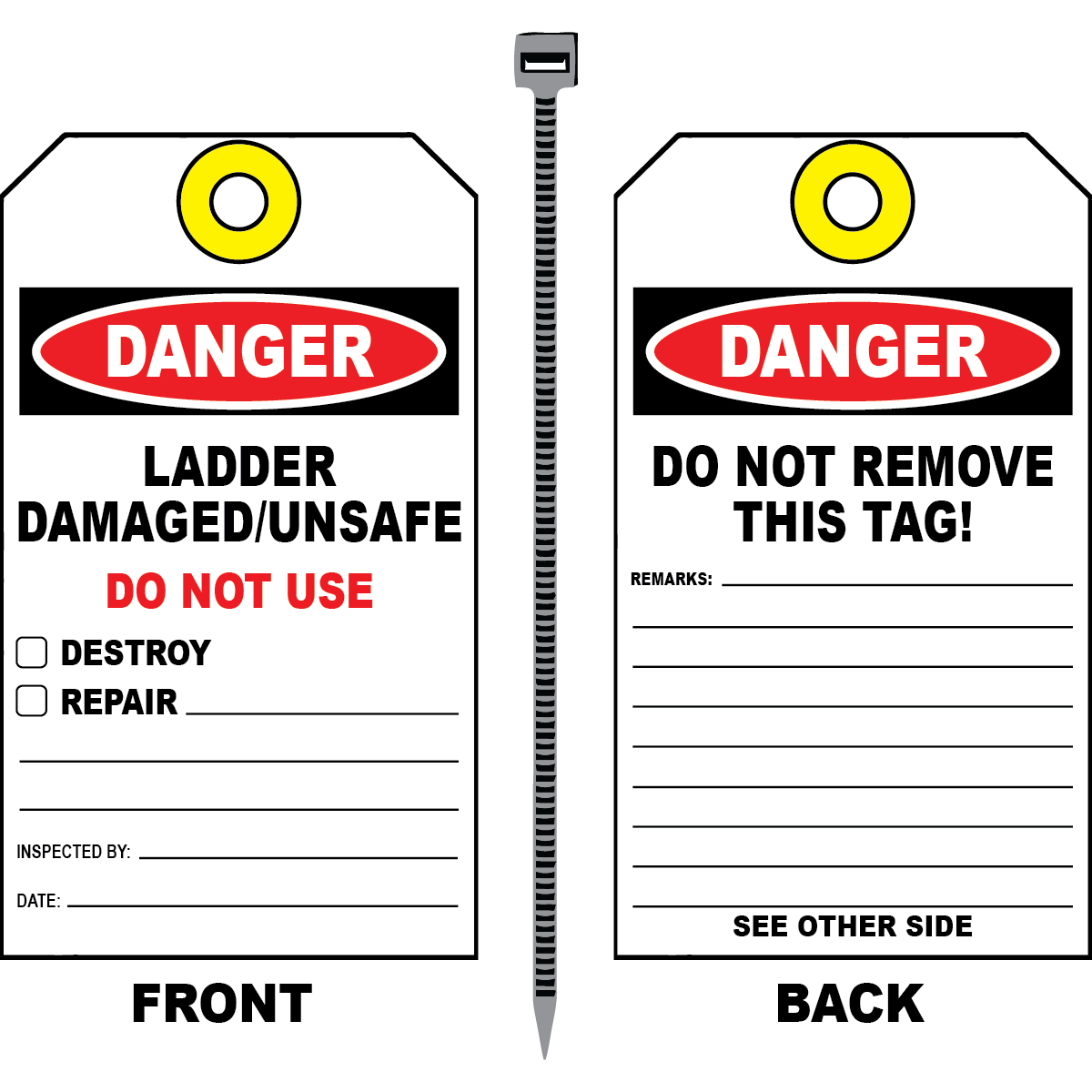 Danger ladder damaged unsafe inspection tag with repair checklist