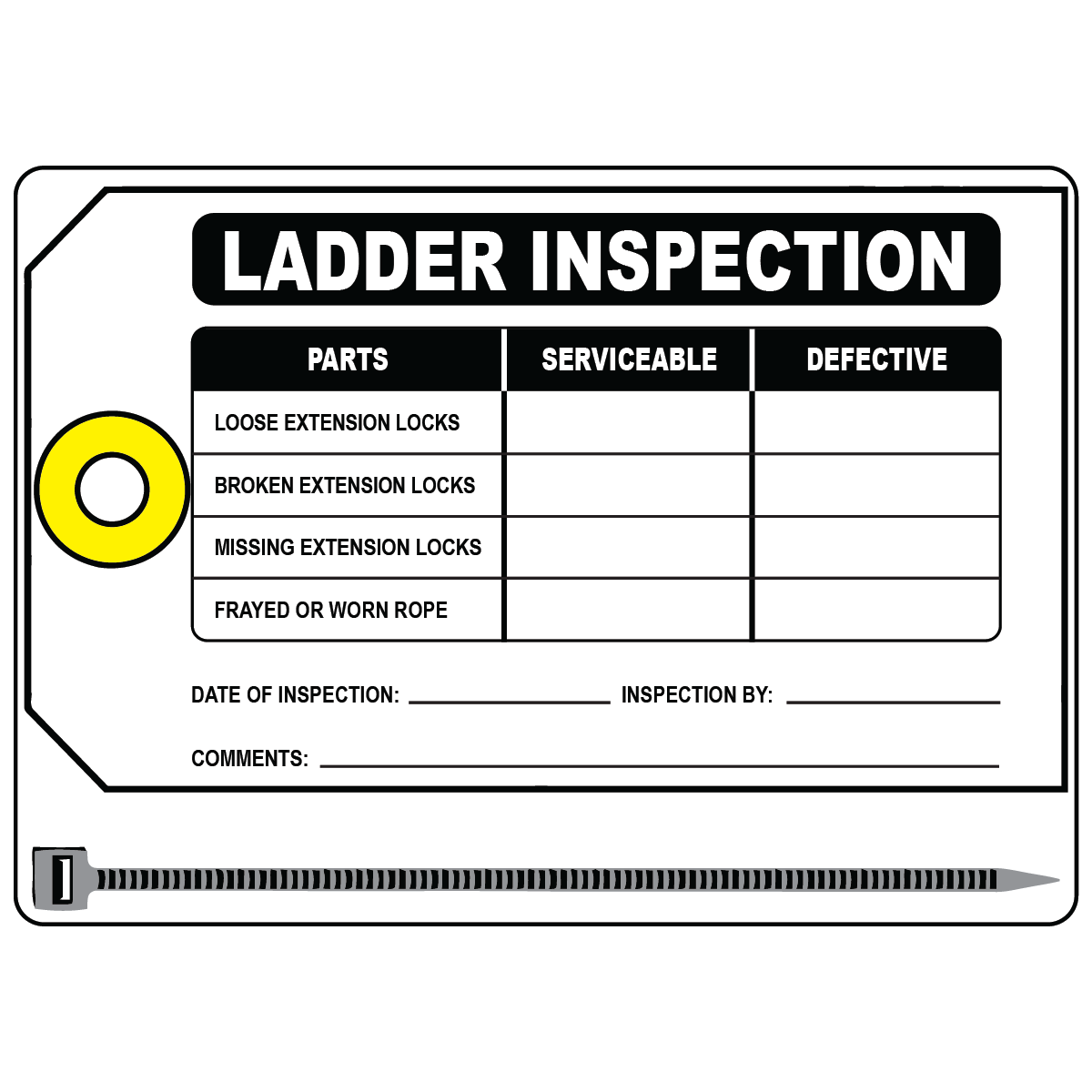 Ladder parts inspection safety tag with inspection checklist fields