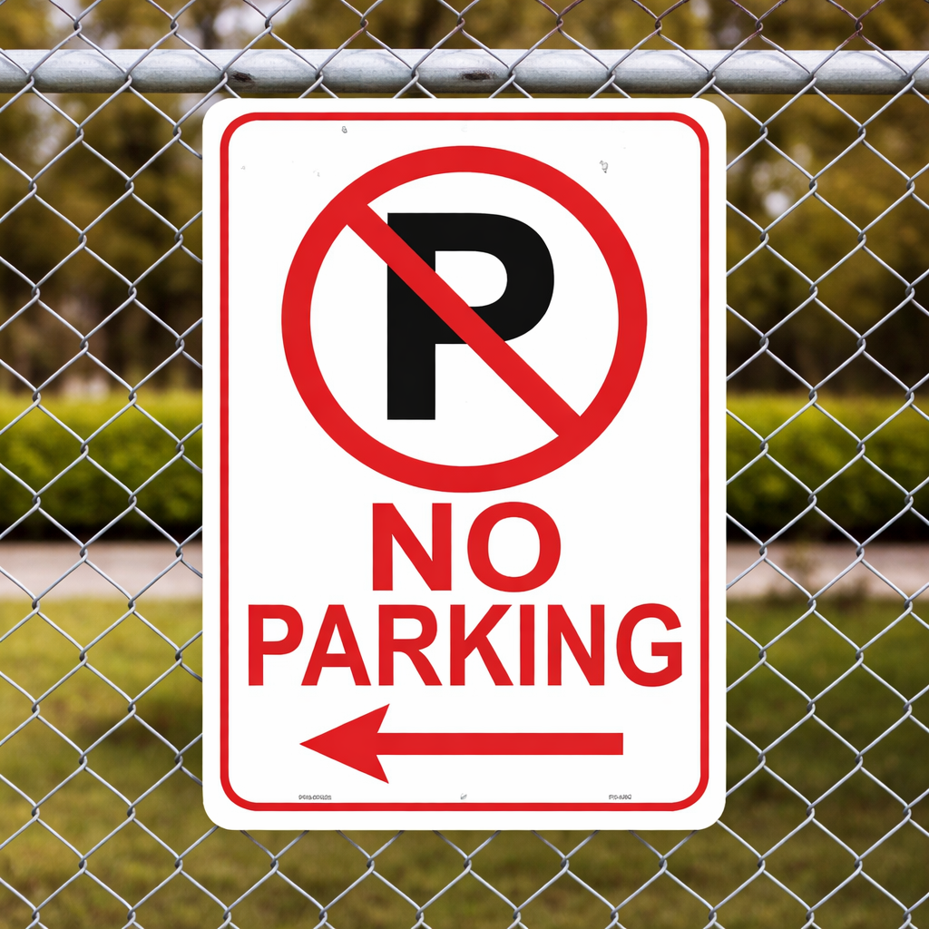 Aluminum No Parking sign with left arrow