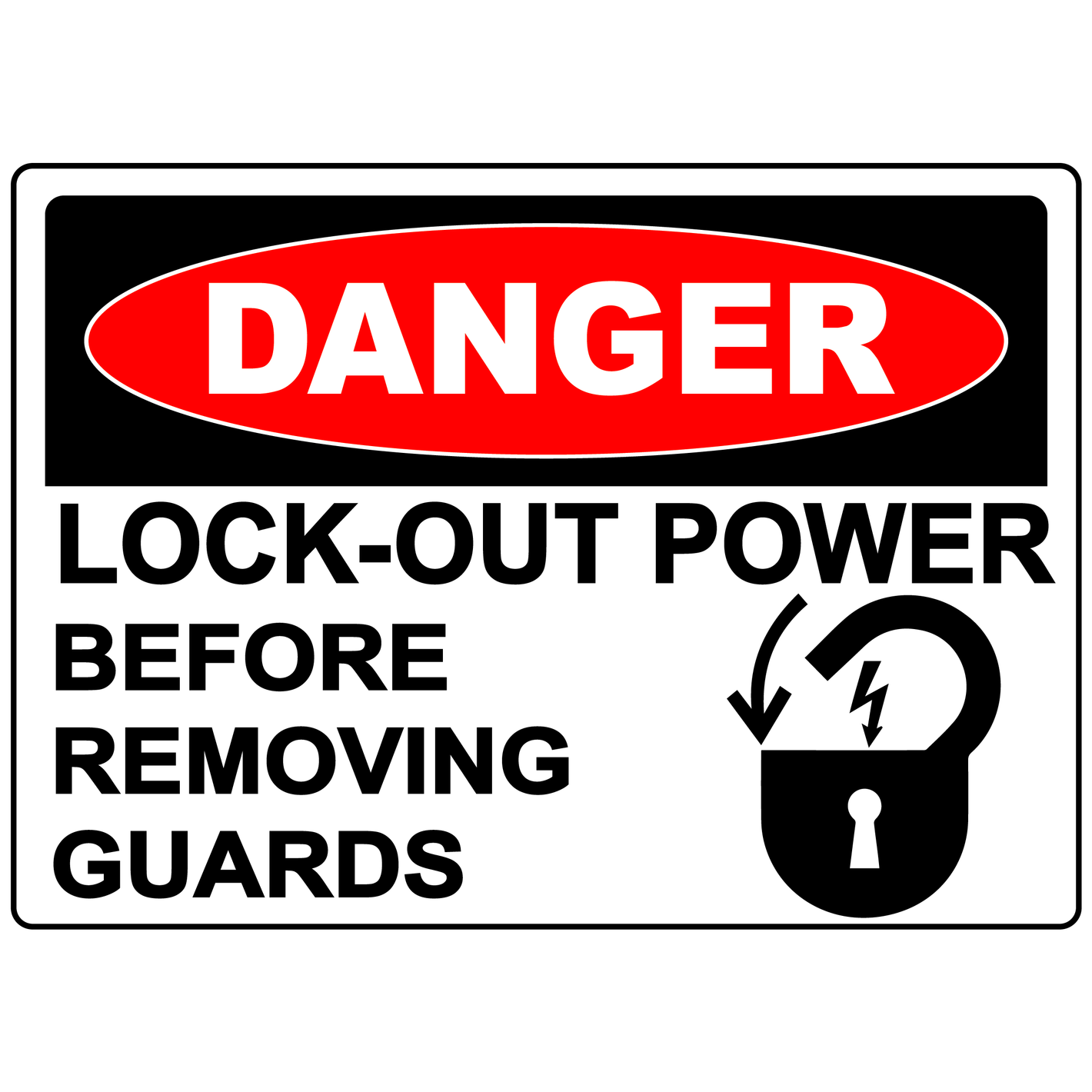 Danger lock-out power before removing guards sign