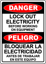 Danger lock out electricity bilingual safety sign