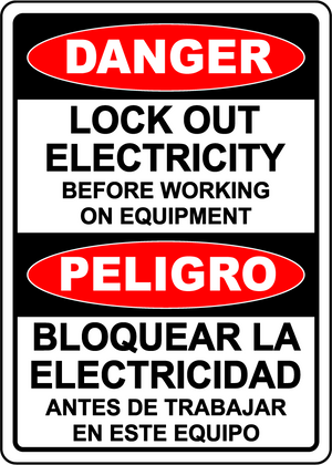 Danger lock out electricity bilingual safety sign