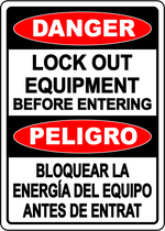 Danger lock out equipment before entering bilingual sign