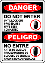 Danger lockout procedures before entry bilingual sign