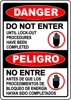 Danger lockout procedures before entry bilingual sign