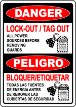 Danger lockout tagout power sources bilingual sign