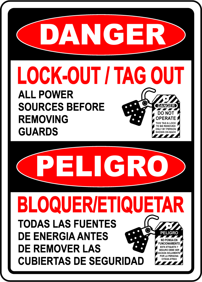 Danger lockout tagout power sources bilingual sign