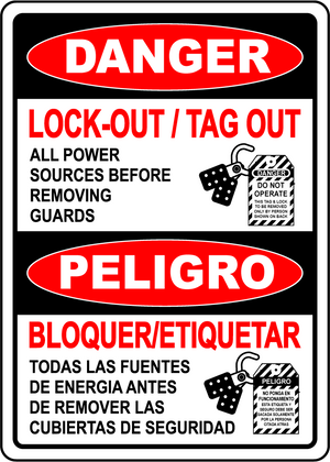 Danger lockout tagout power sources bilingual sign
