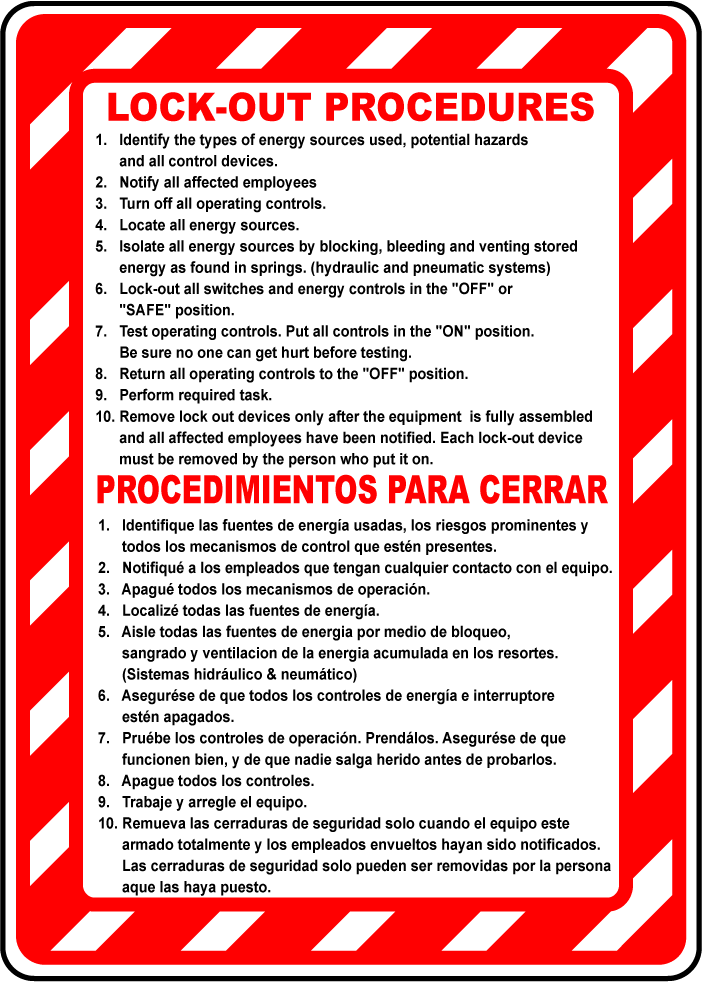 Bilingual lockout procedures safety instruction sign