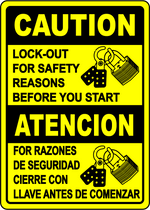 Caution lockout for safety bilingual sign