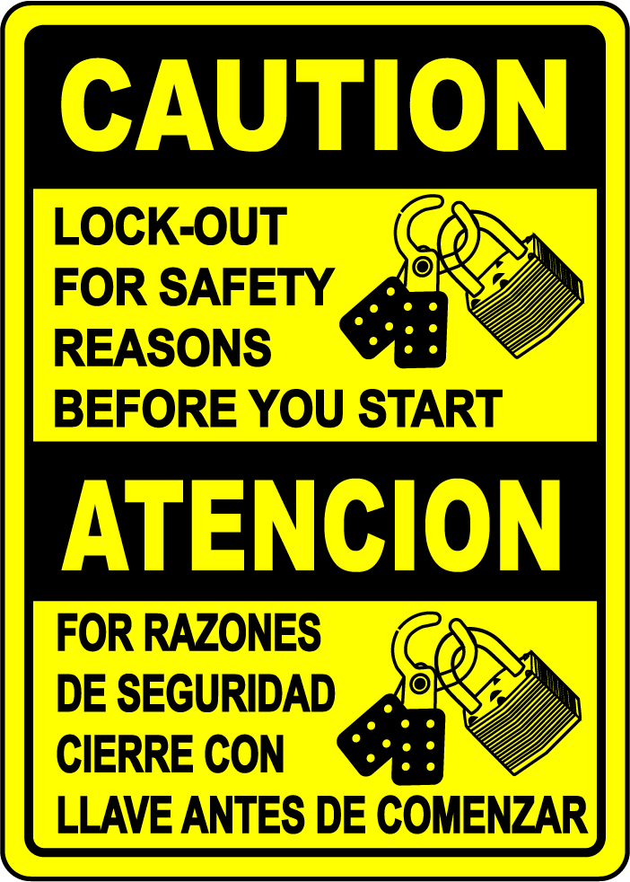 Caution lockout for safety bilingual sign