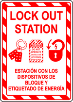 Lockout tagout station bilingual safety sign