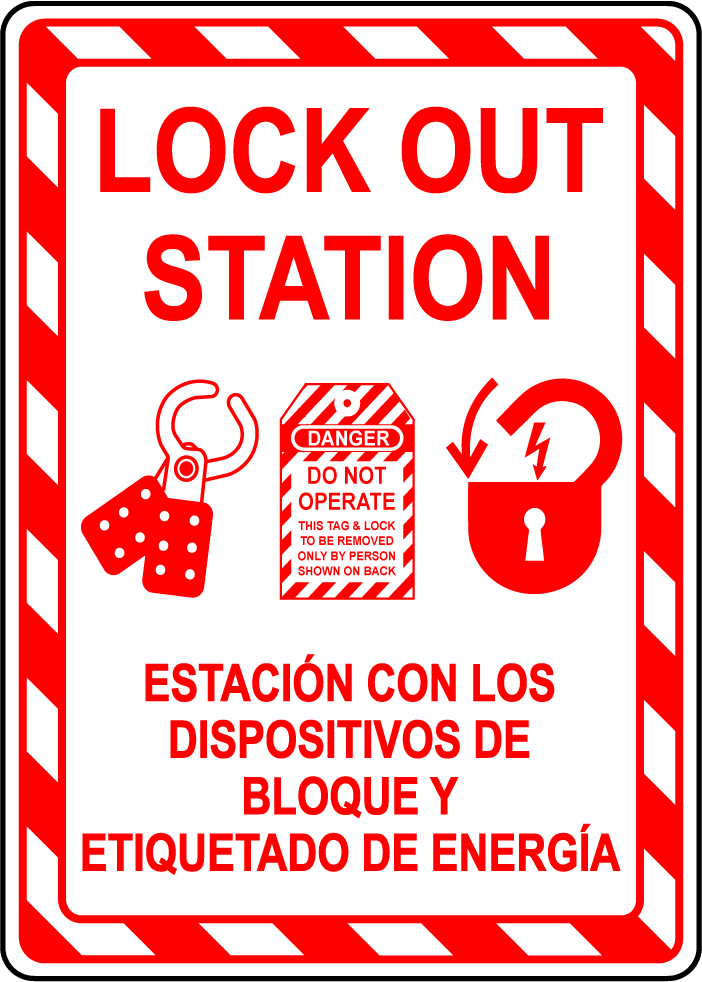 Lockout tagout station bilingual safety sign