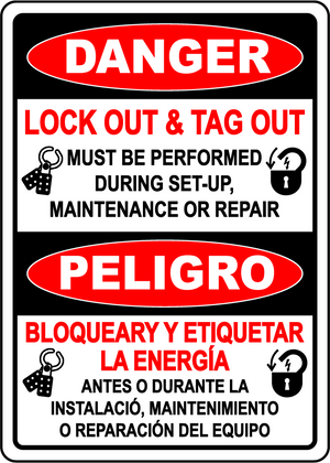 Danger lockout tagout bilingual safety sign setup maintenance