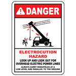 Electrocution hazard sign warning of overhead power lines and poles