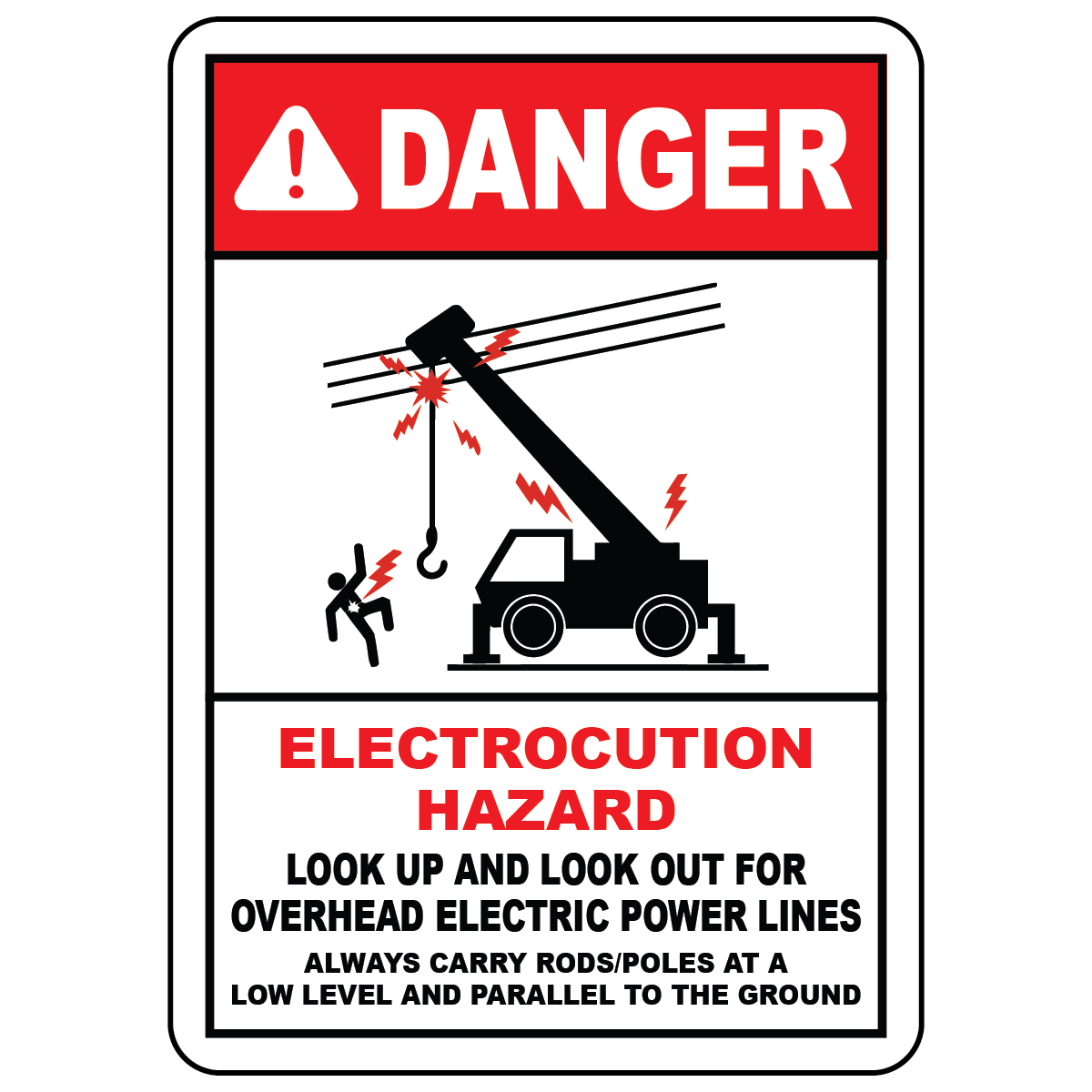 Electrocution hazard sign warning of overhead power lines and poles