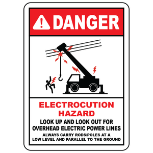 Electrocution hazard sign warning of overhead power lines and poles