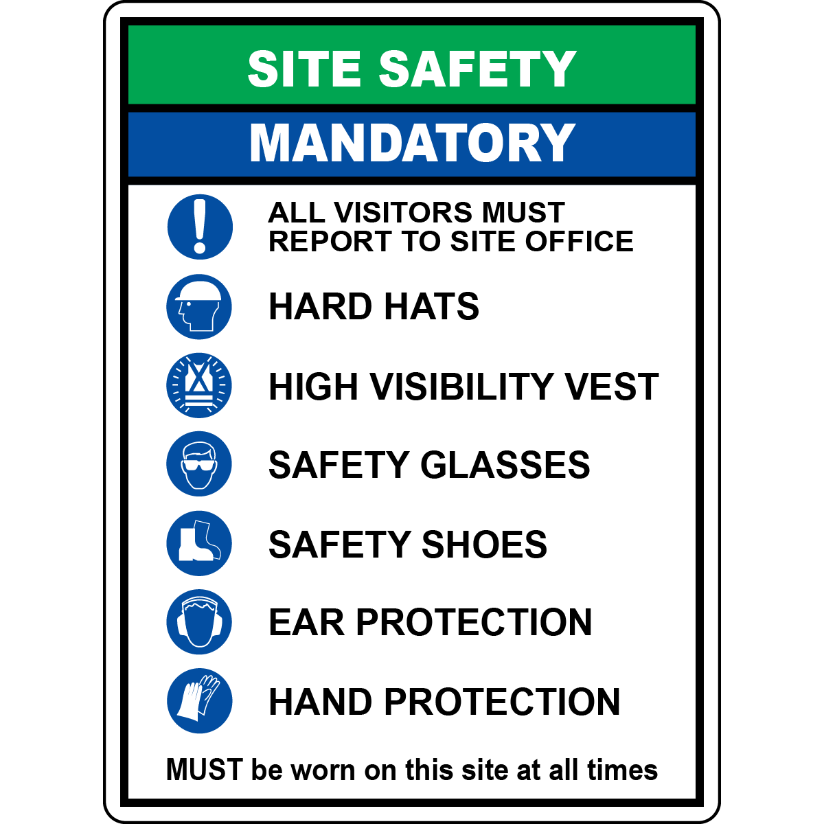 Site safety mandatory PPE visitors report sign