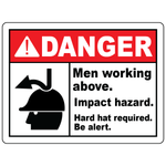 Danger men working above impact hazard hard hat required sign