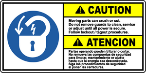 Caution moving parts lockout bilingual safety sign