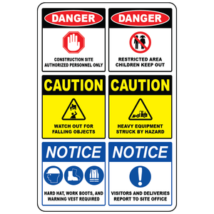 Construction safety banner with multiple hazards PPE and restricted access rules