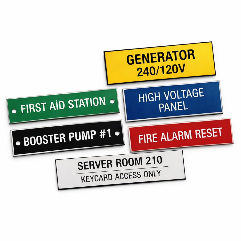 Custom engraved nameplate placard with uploaded text for equipment identification