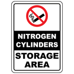 Nitrogen cylinders storage area sign with international no smoking symbol for workplace safety