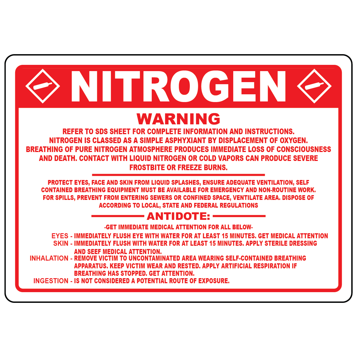 Nitrogen hazardous material safety sign with GHS04 compressed gas symbol