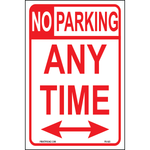 Aluminum No Parking Any Time sign double arrows