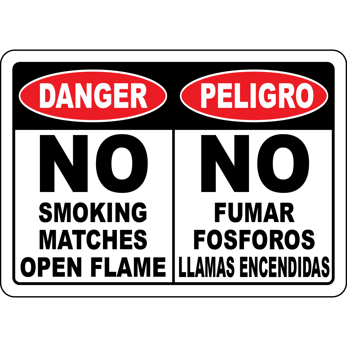 Bilingual no smoking matches open flame safety sign