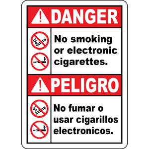 Danger no smoking or e-cigarettes bilingual sign