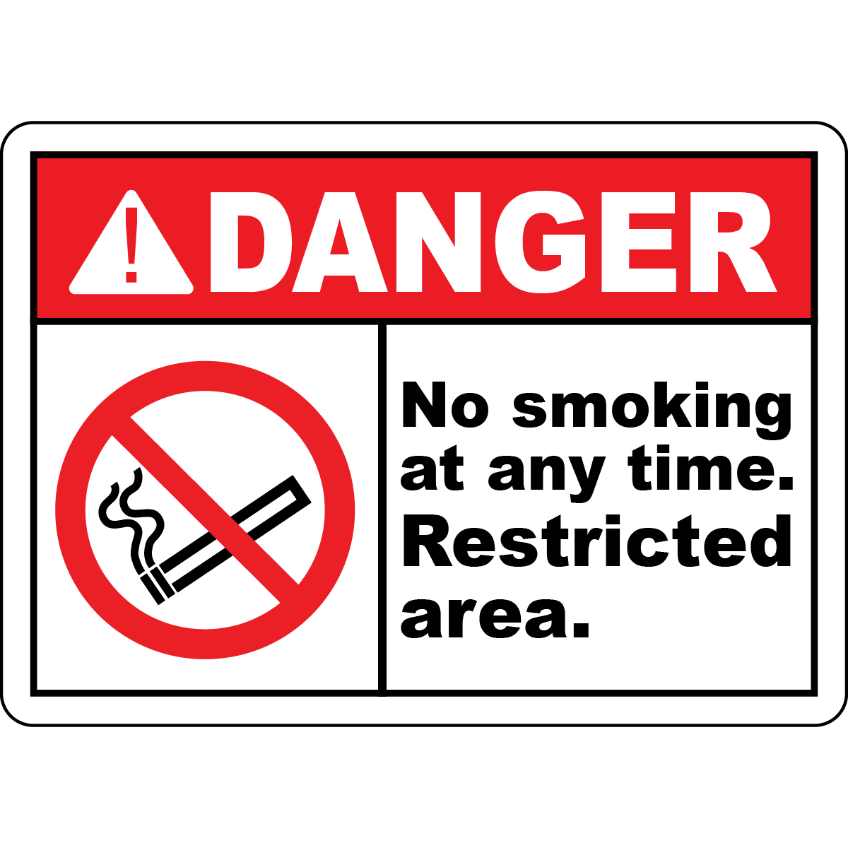 Danger no smoking at any time restricted area sign
