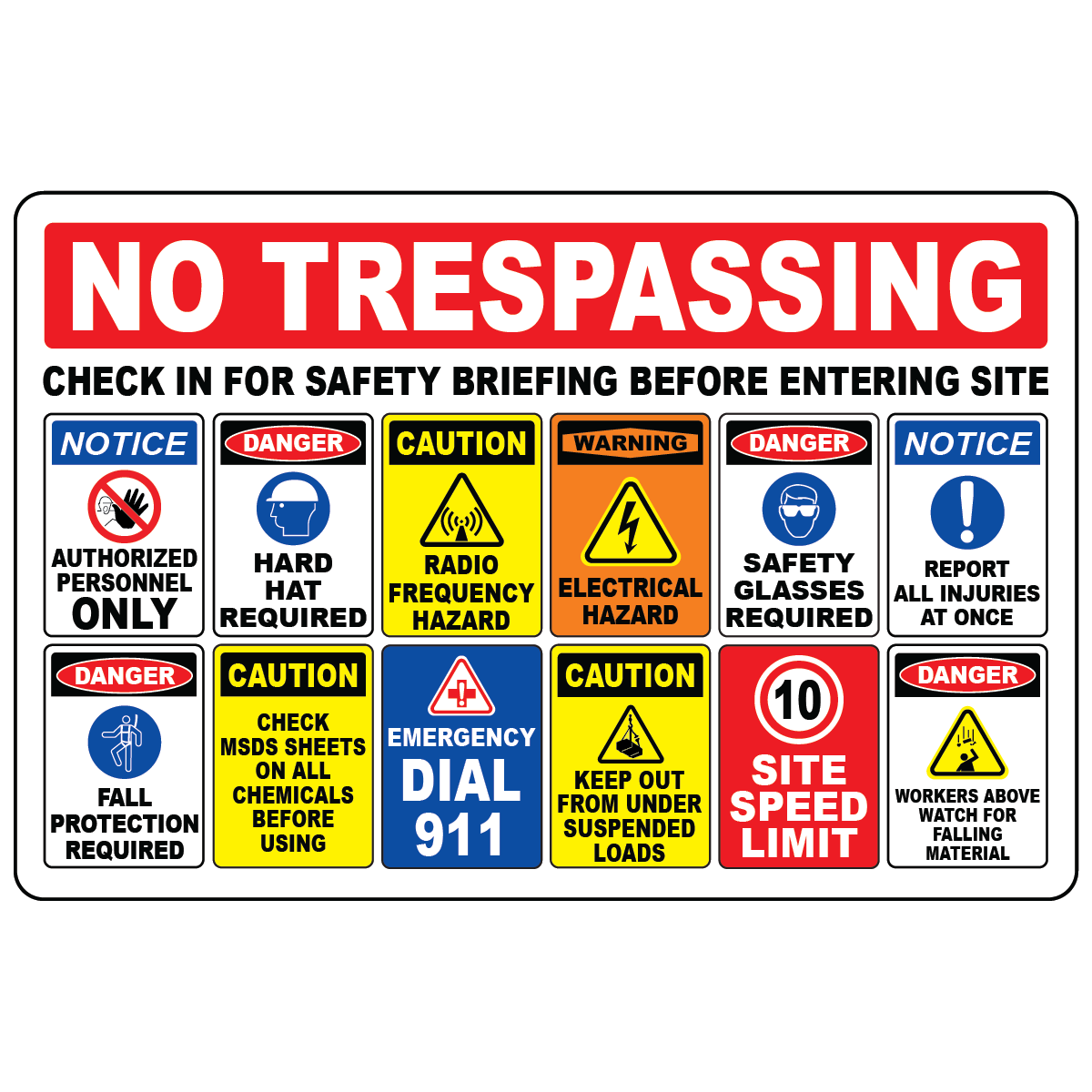 Construction safety banner with PPE hazard and no trespassing warnings